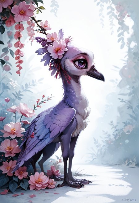 score_9, score_8_up, score_7_up, rating_questionable,score_9, score_8_up, score_7_up, BREAK,lavender crane,lilac feathers,highly detailed,intricate details,warm and cozy,