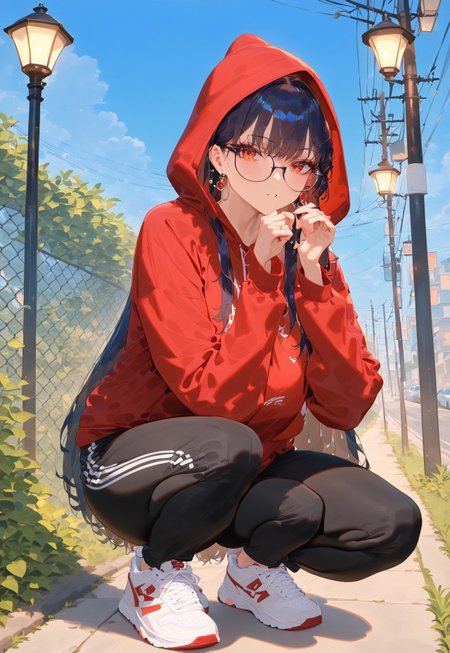 power_lines, red_eyes, sneakers, squatting, telephone_pole, solo, pants, hood, shoes, glasses, long_hair, outdoors, lamppost, earrings, sky, jewelry, looking_at_viewer, long_sleeves, hood_up, fence, detailed, masterpiece, best quality, very aesthetic, absurdres