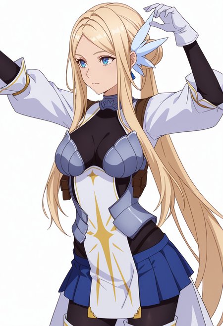 Smooth Quality,masterpiece,very intricate, high quality details, ultra realistic, high detailed skin,detailed enviorement,absurdres,
simple background, white background, dancing, solo,front view,
 <lora:Krishna_CNR:0.8> krishna_cnr, 1girl,blonde hair,very long hair,single hair bun, sidelocks, parted bangs, blue eyes, breasts,white hair ornament, earrings,armor, breastplate, armored dress, blue skirt, pleated skirt,white gloves, black pantyhose,white thigh boots,, turn pale,, . .,