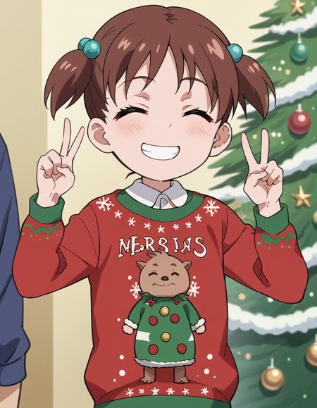 score_9, score_8_up, score_7_up, source_anime, <lora:kana-hazamaya-s1-ponyxl-lora-nochekaiser:1>, kana hazamaya, short hair, brown hair, hair ornament, twintails, brown eyes, hair bobbles, short twintails, child, anime screencap,, <lora:christmas-sweater-ponyxl-lora-nochekaiser:1>, christmas sweater, christmas, ugly sweater, print sweater, red sweater, christmas tree, christmas ornaments, sweater, multicolored sweater, , v, smile, hands up, teeth, closed eyes, cowboy shot,, , dutch angle, cowboy shot