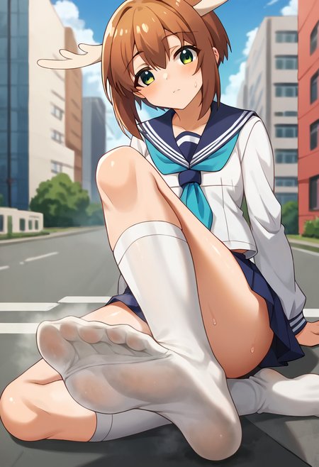 score_9, score_8_up, score_7_up, source_anime, masterpiece, 1girl, ct_shikan0k0, blue skirt, blue sailor collar, blue neckerchief, serafuku, pleated skirt, long sleeves, outdoors, city, depth of field, sunny, day, shiny skin, kneehighs, looking at viewer, sitting, hand between legs, feet, soles, foot focus, sweat, smell, knee up, on ground, ground, :3, :d, head tilt, <lora:Shikanoko_Noko_pony_v1:0.8>