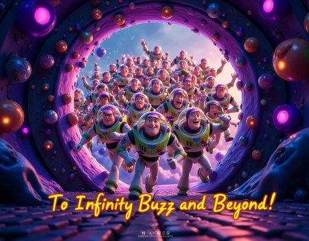 Hundreds of Buzz Lightyear figures emerge from a swirling, iridescent time portal, their spacesuits gleaming. Below, "To Infinity Buzz and Beyond!" appears in Pixar's signature font. The scene exudes excitement and wonder, with a vibrant color palette and cinematic lighting. <lora:Cute_3d_Cartoon_Flux:1>