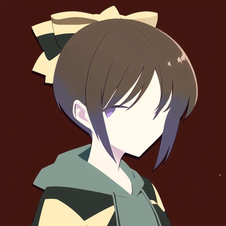 masterpiece, best quality, absurdres, detailed, 1girl, solo, AkiraGGN, short hair, brown hair, purple eyes, yellow hair bow, yellow jacket, blue hoodie, short shorts, medium breasts, parted bangs, ponytail, portrait, <lora:AkiraGGN:1> <lora:minimalistAnimeStyle_v10:1>