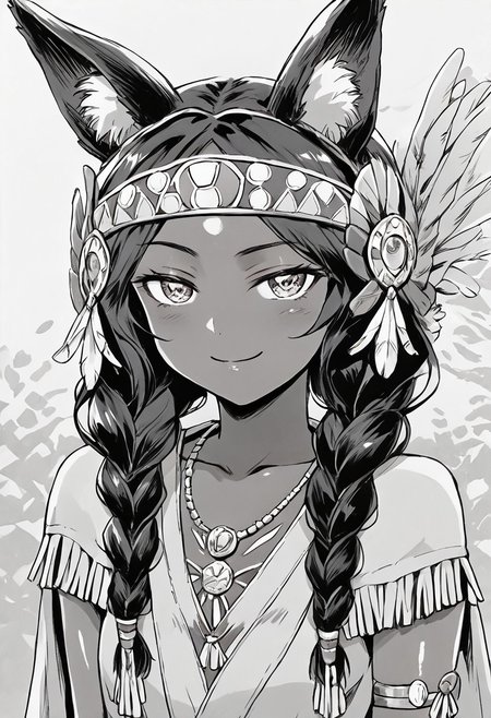score_9, score_8_up, score_7_up, source_anime, anime screencap, anime coloring, masterpiece, best quality, traditional media, uncensored, 1girl, solo, (upper body:1.2), ordiy, dark skin, dark-skinned female, twin braids, animal ears, short tail, medium breasts, Bue eyes, headband, tribal, revealing clothes, native american clothes, fringe trim, cape, jewelry, bracelet, necklace, smug, smiling <lora:Ordiy_Ordiy no Mori_Pony:1> cute, face, (skindentation:1.2), ultra detailed eyes, depth of field, sharp, (intricate details, hyperdetailed:1.15) monochrome, greyscale, shiny skin, glistening skin, Shiny, Shiny skin,
