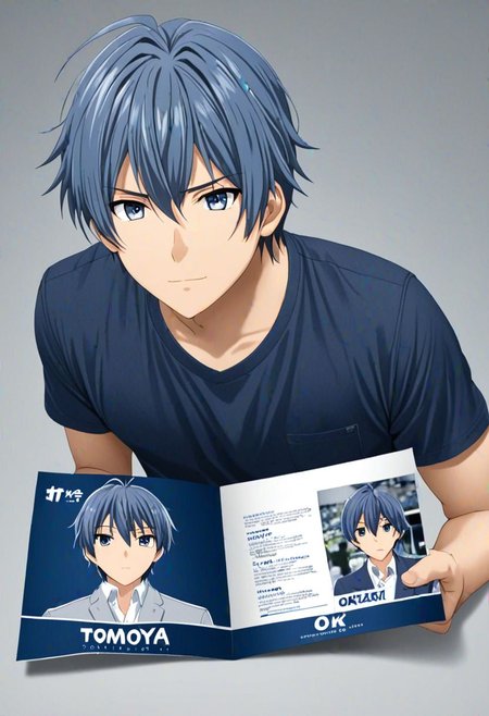 high resolution, solo, best quality, 1Boy, Tomoya Okazaki, Grey Blue Hair, brand ambassador, brochure design, OverallDetail