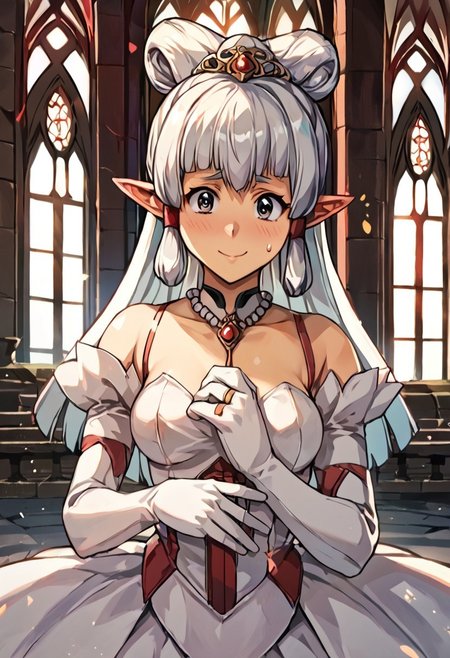 score_9, score_8_up, score_7_up, score_6_up, score_5_up, score_4_up, source_anime, , (best quality) , (highly detailed) , (best quality) , (highly detailed) ,((masterpiece)), ((best quality)), (ultra-detailed), ((extremely detailed)), (high resolution), 4K, (8K), best quality, (beautiful), (dynamic lighting), (super detailed skin), sharp focus, (1_girl, solo focus), masterpiece ,absurdres ,detailed face ,beautiful face , paya, elf ears, pointy ears, Dark skin, high ponytail, Dark Skinned Female      
blush,bride, wedding dress, bridal veil, white dress, tiara, pearl necklace, indoors, church, sunlight, light rays, (light particles), elbow gloves, white gloves, garter straps, white thighhighs, gothic architecture, pillar, arch, smile, closed mouth, blush, sweatdrop, wedding ring, wedding,
 (portrait, upper body), OverallDetail, Artist Style: Urushihara Satoshi