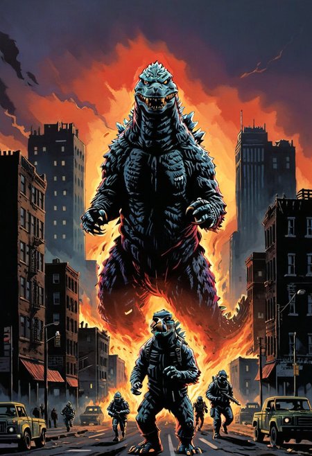(drawix12), B-Movie Horror aesthetic, ((vivid colors)), with a pissed off expression, soldiers run away with fear on broken street, broken buildings , fire building, big hole on the street, scared soldiers running toward the foreground, ((slender Godzilla)) in the background city horizon, monster focus, slender godzilla kaijuu, gigantic monster, stunning background, bright and moody, red pale blue and violet, a mesmerizing blend of light and shadow, daytime, daylight, sunshine, sunrises, brightly, red sun, huge sun, scary shadow on the sun, masterpiece, absurdres, intricate details, in the style of gabriel-ba