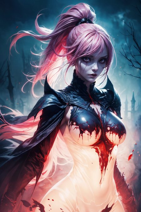 (ultra realistic,32k, masterpiece:1.2),(high detailed skin:1.1),( high quality:1.1),
1girl, pink hair, ponytail hair, bangs,(aqua eyes:0.5), [<lora:Darkness-10:0.8>Darkness, a ghostly apparition appearing in photos:<lora:DART:0.3>DART,scary, dark horror theme, skull ghost, monster, fear, blood:25],fighting stance pose, huge breast,large breast,<lora:add_detail:0.83>,
(volumetric lighting:1.1),