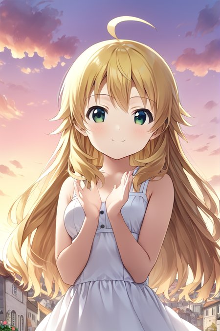 hoshii_miki, 1girl, solo,petite,long hair, blonde hair, green eyes,ahoge,medium breasts,close up,standing,looking at viewer,flowerhands,white dress, Make flower shape with both hands, open palms,incoming,upperbody,smile,cloud,sunset,town,wind<lora:Hoshii_Miki:0.7> <lora:better skin typeB-v1:0.7> <lora:XDetail_light:1>masterpiece,best quality,source anime
 <lora:negativeXL_D:1> <lora:_sdxl-flowerhands:0.7>