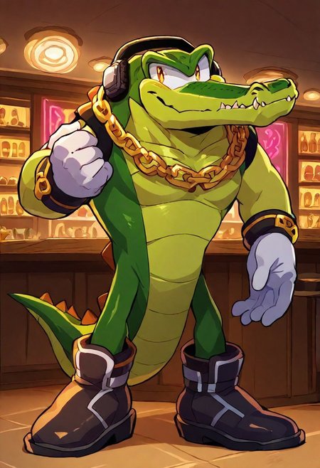 masterpiece, best quality, amazing quality,  mascular, bara BREAK 1boy, solo, anthro, big male, anthro Crocodile, Vector the Crocodile, green skin, tail, headphones, gold chain necklace, white gloves, black boots, full body only,  indoors, nightclub, neon lights, looking at view,