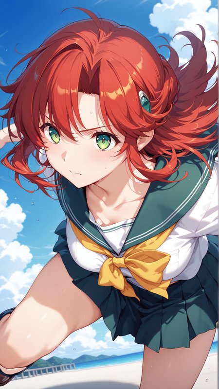 source_anime, general, best quality, masterpiece, 1girl,  <lora:festenia_ill:1> festenia_muse,red hair,long hair,green eyes,serafuku, dynamic pose, dutch angle,