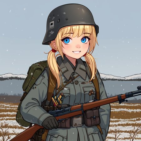 score_9, score_8_up, score_8_up,raw,
1girl, solo, (nsfw), standing, full shot, from front, twintails, blonde hair, brown hair, (blue eyes, nose, smile), petite,
grey uniform, grey military uniform, ammunition pouch, grey helmet, backpack, (rifle:1.4),
snow covered field, scenic background, (snow:1.2), dark outside,
p4st3lg0r3, n30nc4t, wehr, <lora:p4st3lg0r3XLP:0.55>, <lora:n30nc4tXLP:0.35>, <lora:age_slider_v4:-1>, <lora:Wehrmacht_And_Officers__World_War_2:1>