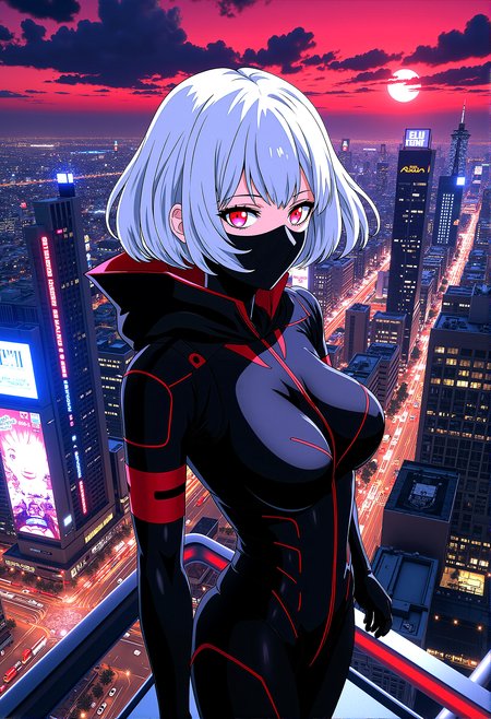 a futuristic female vigilante with short, flowing silver hair with long bangs, standing atop a skyscraper in a bustling cyberpunk city. She is dressed in a black, armored suit with red accents, featuring numerous straps and a hood with pointed tips. Her glowing red eyes are visible through a sleek black mask made of ornament alloy. The background reveals a sprawling cityscape with neon lights, holographic advertisements, and towering buildings, with the crimson moon hanging low in the sky, casting an ominous glow over the scene.

motion lines effect, anime screencap,





 














