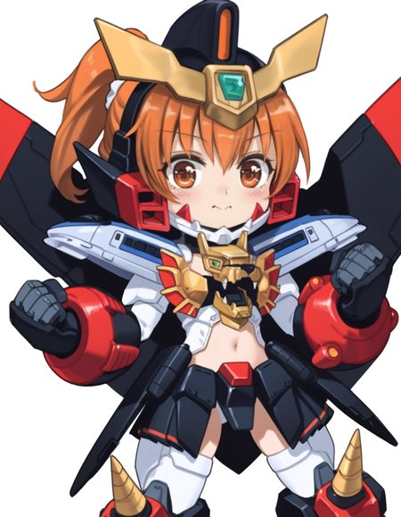 (score_9:0.9),score_8_up,score_7_up,rating_safe,(zPDXL3),(zPDXL),anime_style,
<lora:GaoGaiGar girl ponyXL v1:0.75>,
 gaogaigar, 1girl, blush stickers, solo, chibi, clenched hands, mecha musume, smile, white background, personification, black thrusters, full armor, doll joints, gold breast armor, white shoulder armor, black armored skirt, black headgear, black mechanical gloves, v-fin