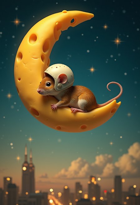 The image depicts a mouse wearing a helmet reclining on a crescent-shaped piece of cheese, which floats serenely in a night sky speckled with stars. The cheese moon is positioned above a cityscape, adding a touch of surrealism.

Style:

The style is a blend of surrealism and food photography. The image maintains the dreamlike quality of the original, but with a playful twist. The cheese adds a tactile element, inviting the viewer to imagine the texture and aroma.

Color Scheme:

The color palette is warm and inviting, with shades of golden yellow, creamy white, and deep brown. The cheese would have a rich, buttery hue, contrasting beautifully with the deep blue of the night sky. The stars would retain their soft white glow.

Details:

The cheese moon would have a slightly uneven surface, with subtle cracks and crevices.
The mouse skin would have a warm, golden tone, complementing the color of the cheese.
The cityscape would recede into the background, creating a sense of depth and perspective.
Tones and Palette:

The overall tone of the image would be one of warmth and comfort. The cheese, with its rich colors and inviting texture, would evoke a sense of indulgence and pleasure. The night sky, with its twinkling stars, adds a touch of magic and wonder.

Overall Impression:

This reimagined image retains the surreal and dreamlike quality of the original, but with a playful and whimsical twist. The use of cheese as the central element adds a tactile and sensory dimension, inviting the viewer to imagine the taste and aroma of this fantastical scene.

Additional Notes:

The cheese could be any type, but perhaps a Gruyère or Comté with its distinct holes would add to the visual interest.
The image could be further enhanced with subtle lighting effects, such as a soft glow emanating from the cheese moon.