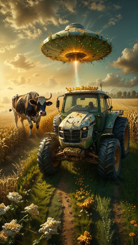 a ufo pulling a cow out of a cornfield with a laser, tractor and farmer yelling, a lady plays piano in the field, man selling popcorn on a cart 
award winning artwork,
many details, extreme detailed, full of details,
Wide range of colors., Dramatic,Dynamic,Cinematic,Sharp details
Insane quality. Insane resolution. Insane details. Masterpiece. 32k resolution.
 <lora:add-detail-xl:0.65> <lora:casting shadow style v2:0.1> casting shadow style, cucoloris patterned illumination <lora:CinematicStyle_v1:0.1> <lora:Disturbia:0.15> <lora:dvr-lnds-sdxl:0.1> dvr-lnds-sdxl <lora:MJ52:0.2> <lora:princess_xl_v2:0.1>  <lora:ral-dissolve:0.1> ral-dissolve <lora:ral-ertmsphr:0.1> ral-ertmsphr  <lora:ral-porcelain:0.3> ral-porcelain <lora:ral-pxlprtcl:0.31> ral-pxlprtcl  <lora:xl_more_art-full_v1:0.5>