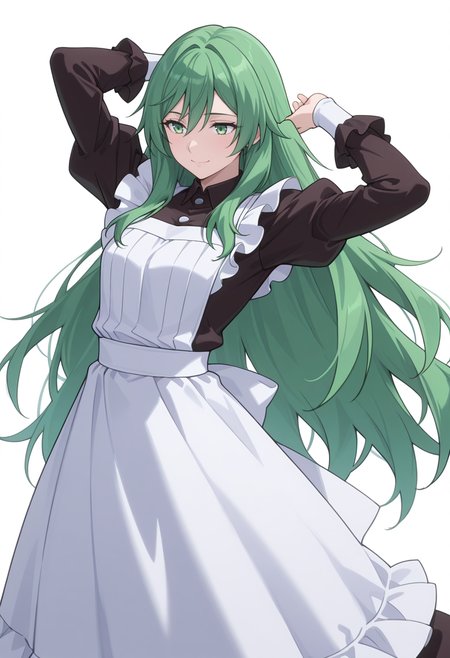Smooth Quality,masterpiece,very intricate, high quality details, ultra realistic, high detailed skin,detailed enviorement,absurdres,
simple background, white background, 
from side,jumping, arms raised, legs bent, happy face, energetic posture,  ,sad smile,
 <lora:Misery_cnn:0.8> 1girl, green hair, green eyes, hair between eyes, frown, very long hair, sidelocks,dress, shirt,maid apron, puffy sleeves, long sleeves, juliet sleeves, enmaided,