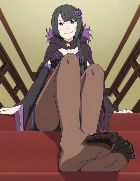 <lora:Elsa_Granhilte_ReZero:1>, re:zero, black hair, purple eyes, elsa granhilte, sitting, looking down at viewer, from below, pantyhose, foot, smirk