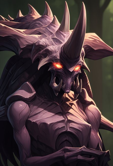 score_9, score_8_up, score_7_up, score_6_up, score_5_up, score_4_up, 1girl, <lora:Zagara:0.8> , horns, no humans, monster, yellow eyes, solo, glowing, glowing eyes, spikes, upper body, 
dark forest background, blurry background,