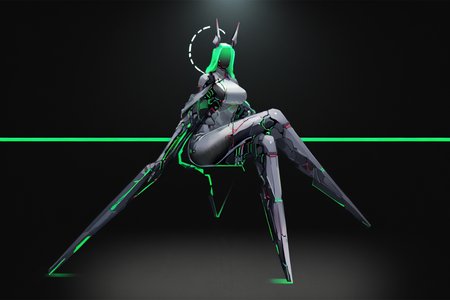 score_9, score_8_up, score_7_up, score_6_up, score_5_up, score_4_up, BREAK, source_anime, solo, 1girl, rating_safe, ((mature female)), ((long green flowing hair)), mechanical parts, ((plastic, polymer, metal body)), (big mechanical rabbit ears), mature female, (bunny ears), (animal ears), subdermal port, ((milf, mature female, big breasts)), hexagon lines in skin, naval uniform overcoat, naval uniform, white military uniform, dress_uniform, ribbons, ((red eyes)), bunny tail, rabbit tail, aiguillette, ((green hair)), ascot, ((Eye-level angle view Close shot (focus on knees), Sitting with legs crossed at ankles )), pilot suit, shoulder cutout, bunny rabbit Tail, ((hair over one eye, )), digitigrade, clawed feet, minimal clothes, ((metal skin, shiny skin, vampire aesthetic, digital eyes, filled eyes, monochromatic eyes, glowing eyes, colored sclera, red sclera, mechanical eyes, partially shaded face, slit pupils, angular, minimal face, minimalism, narrow eyes, large eyes)), (anubis \(mythology\), anubis \(mythology\), ), <lora:Pony_DetailV2.0:1.5>, <lora:age_slider_v4:4>, ((dark, shaded, black background, horror, GREEN HAIR,)) <lora:ECHANIS:0.7>,  <lora:HORiZON_DOLLS_by_EchanisEnicha:1> Robot girl
