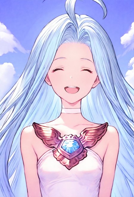 masterpiece, best quality, very aesthetic, absurdres, highly detailed, kyoto animation,
1girl, solo, straight-on, close-up, smile, closed eyes, upper teeth only,  
lyria \(granblue fantasy\), very long hair, blue hair, ahoge, white choker, bare shoulders, skinny, small breasts, white dress,
blue sky, cloud, 
<lora:Lyria_Granblue_Fantasy_Illustrious-XL:1>