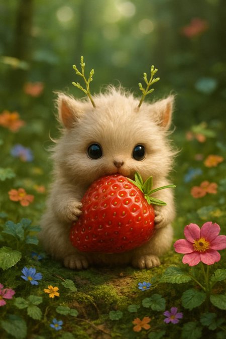 Generate me a  tiny cute nature spirit in forest surrounded by colorful flowers and plants. Its eating an oversized strawberry. cute, fluffy, realistic, 8k, uhd, high quality, depth of field,