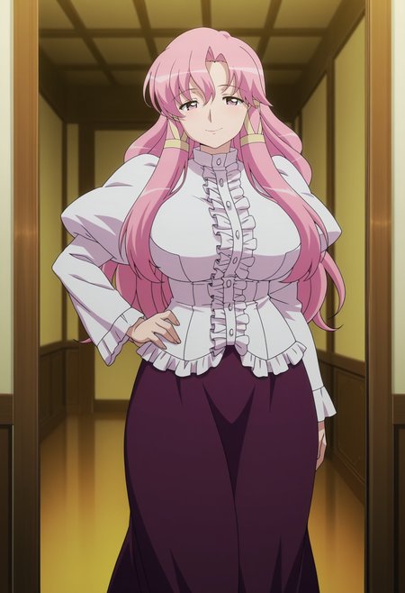 1girl,solo,Cattleya,mature female,pink hair,long hair,pink eyes,hair ribbon,large breasts,anime coloring,
white shirt,frills,skirt,long skirt,hand on own hip,looking at viewer,indoors,smile
,masterpiece,best quality,amazing quality,<lora:Cattleya-Zero_no_Tsukaima_ix:0.8>
