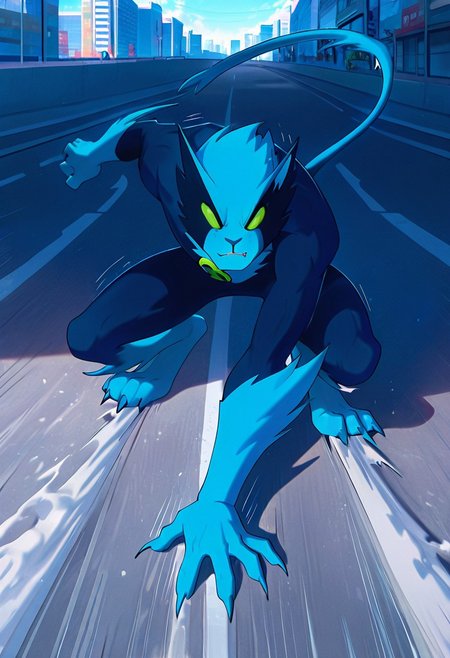masterpiece, best quality, amazing quality, very aesthetic, absurdres, newest,, detailed background, 
digitigrade legs,
fastrack, solo, blue skin, green eyes,  claws, green badge, fang,, feline tail,  wide jaw, masculine, blue chest,
akira_slide, on ground, crouching, slide, road, city, , speed lines,