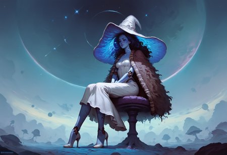 score_9, score_8_up, score_7_up,  rating_questionable, 20yo girl, 1girl, IncrsXLRanni, solo, cracked skin, blue skin, colored skin, Brom, beautifully backlit, fantasy art, wavy hair, extra arms, extra faces, doll joints, white dress, witch hat, brown cloak, space traveler, galactic, otherworldly, ethereal, atmospheric, galaxy, sweat, full body, romantic, sitting, high heels, side view, view from below, head turned away  <lora:Concept Art Twilight Style SDXL_LoRA_Pony Diffusion V6 XL:0.8> <lora:Expressive_H:0.8> expressiveh  <lora:Ranni_XLPD_CAME:0.8>