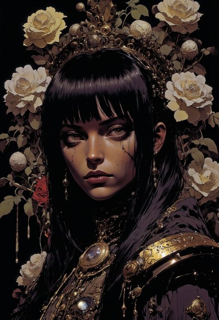 Incredibly beautiful girl with styled long straight black hair. Her eyes are purple. And her lips are pink, soft and plump. 
This is no ordinary woman, she is a noblewoman from a very rich family. She is dressed in a medieval fantasy outfit of an aristocrat. She knows her worth. Innocent, but yet alluringly attractive.
<lora:Fluorescentizer FLUX B:0.7>,<lora:detailed_v2_flux_ntc:0.3>,<lora:flux.1_lora_flyway_Epic-detail_v2:1>,<lora:Cyber_Samuraji:0.3>,<lora:Mangaka_3012:0.7>,Mangaka style,<lora:Luminous_Shadowscape:0.3>,