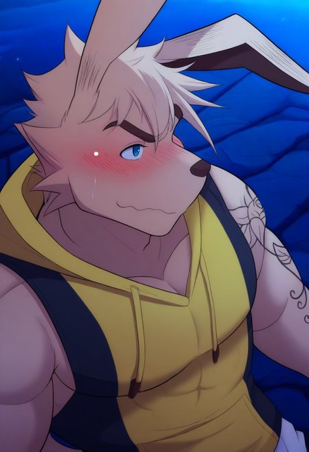 <lora:Sissel:0.8>, solo, sissel, rabbit boy, tattoo, male, manly, masculine, blue eyes, sleeveless hoodie, shorts, face focus, portrait, upper body, blushing, bedroom BREAK masterpiece, best quality, amazing quality, very aesthetic, high resolution, ultra-detailed, scenery, absurd res, newest, detailed fur, detailed muscles, furry male, short tail