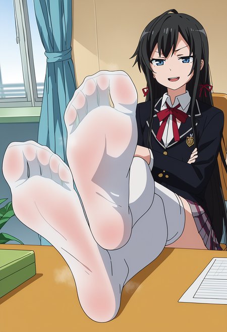 score_9, score_8_up, score_7_up, source_anime,
BREAK
1girl, solo, anime screencap, anime coloring,
<lora:shiYukinoV2:1>, shiyukino, black hair, long hair, blue eyes, hair ribbon, red ribbon, neck ribbon, school uniform, black jacket, collared shirt, white shirt, blazer, sobu high school uniform, pleated skirt, plaid skirt, thighhighs,
<lora:shiFootDesk:1>,
crosft, feet on table, crossed legs, sitting, legs, foreshortening, thighs, foot focus, soles, feet, no shoes, steaming body, smell, 
looking at viewer, smug, half-closed eyes, open mouth, teeth,
indoors, office chair, office, desk,