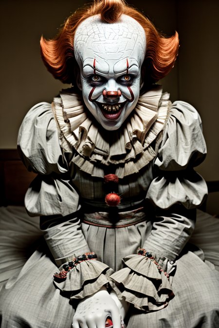 pennywise, teeth, cleavage, in a room, sitting on bed <lora:pennywise-000006:1>
