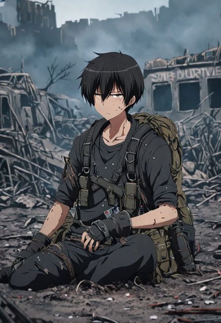 high resolution, solo, best quality, 1Boy, Kanie Seiya, Black Hair, shallow depth of field, Post-Apocalyptic, survival, OverallDetail