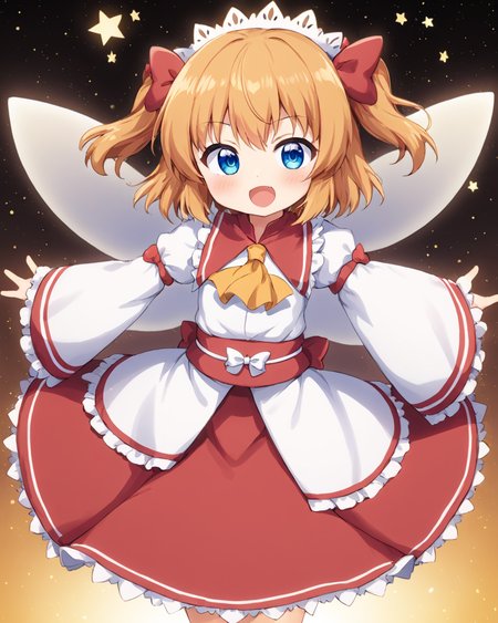 sunny milk,1girl, open_mouth, solo, fang, fairy_wings, wide_sleeves, two_side_up, headdress, yellow_ascot, blush, shirt, red_bow, danmaku, looking_at_viewer, hair_bow, red_skirt, sash, frilled_sleeves, star_\(symbol\), :d, fairy, v-shaped_eyebrows, juliet_sleeves, spread_arms
<lora:sunny_milk_image988_2023-12-20:1>,star-shaped_pupils,symbol-shaped_pupils,. gorgeous,key visual, vibrant, studio anime,award-winning, professional, highly detailed,high budget, cinemascope