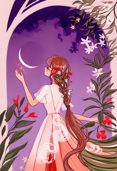 1girl, flower, solo, long hair, braid, star \(symbol\), hair ornament, hair flower, red flower, moon, leaf, skirt, braided ponytail, profile, crescent moon, short sleeves, very long hair, plant, hand up, white flower, purple background, see-through, dress <lora:cqtlatteXL_NBVP1_lokr_V6311P:0.95>