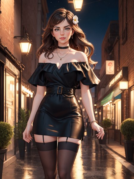 3d, ChÉls!eDÉv!llÉ
1girl, black dress, off-shoulder dress, thigh-high stockings, long hair, brown hair, hair ornament, choker, necklace, shy expression, looking down, dynamic lighting, highres, masterpiece, best quality, photorealistic, ultra detailed, hyper detailed, walkway, evening, city lights, cinematic, ethereal, flowing hair, detailed fabric, elaborate environment, magical atmosphere, soft focus