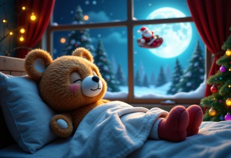Christmas night, cute bear doll sleeping in bed, by window, smiling and eyes closed,  moonlight, Santa boots, Christmas tree next to bed, Santa Claus flying in the sky in the distance from window, clay model image, 
aidmafluxpro1.1