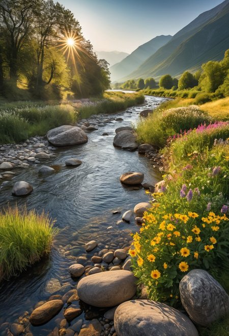interesting, stunning, varied landscape in wonderful morning light mood.   meandering river. stones. mountain. flowers. far view. haste. sun disk. unspoilt nature.
high-resolution, highly detailed, 8k, masterpiece. score_9, score_8_up, score_7_up. award winning. (realistic photograph:1.4).