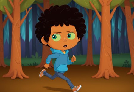max (camp camp), cartoon theme, max (camp camp), 1boy, solo, human, male focus, curly black hair, curly tousled black hair, afro, dark skin, dark-skinned male,  large eyes, round eyes, green eyes,small nose, triangular nose, pointed nose, anoyed face, running,  blue hood, blue pants, small body, young boy, chibi, dark forest, night