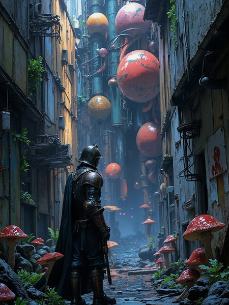 In a dimly lit alleyway, a brooding knight stands tall, his armor dented and worn, as if he's been through a thousand battles. His eyes gaze longingly towards the left, as if searching for an escape from the darkness that surrounds him. The air is thick with the scent of trippy mushrooms, their spiraling tendrils curling around his legs like tentacles. Amidst this eerie atmosphere, a massive structure looms in the background, its steel beams and concrete walls glowing with an otherworldly light.  As the knight's eyes wander, they're drawn to, <lora:Flux_Turbo_Alpha.safetensors:1.0> <lora:anime_retro.safetensors:0.8> anime_retro, anime_martz, retro anime <lora:Flux DetailerV2.safetensors:0.8> detailed