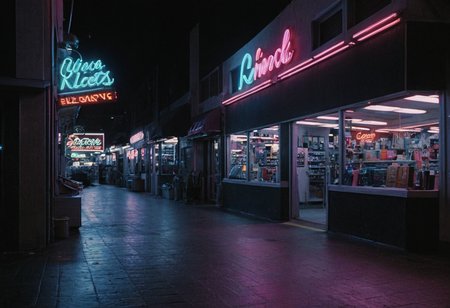 UHD, 8K, ultra detailed, a cinematic photograph of (MiamiVice, Sonny Crockett, neon lights, outdoors, night, shop), beautiful lighting, great composition