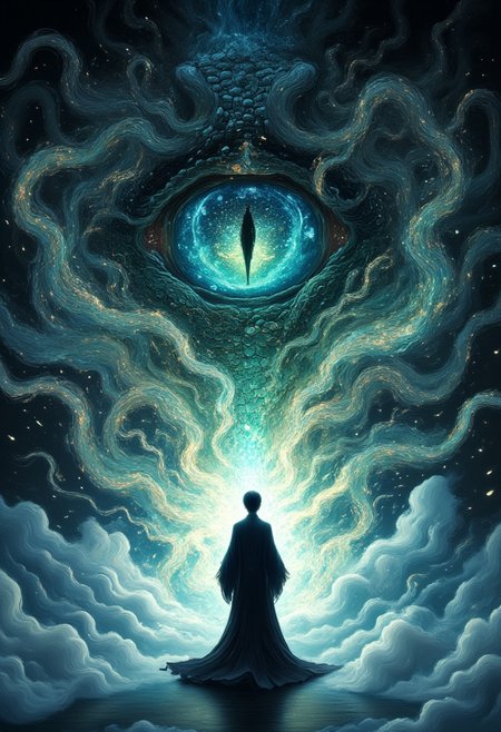 a striking and surreal scene that combines elements of both the natural world and fantasy. Dominating the composition is a massive, reptilian eye, filling almost the entire frame. The eye is highly detailed, with a slit-like pupil that suggests it belongs to a large, powerful creature, perhaps a Asian dragon or another mythical being. The texture around the eye is rugged and scaly, giving the impression of ancient, weathered skin. In the lower portion of the image, a solitary human figure stands before the eye, dressed in a flowing black robe. The figure is tiny in comparison to the colossal eye, emphasizing the vast difference in scale and power between the two. The person stands on a surface that appears to be water or mist, which reflects the eerie, otherworldly light that surrounds the scene. The atmosphere is misty and dreamlike, adding to the sense of mystery and awe. Overall, the image is both dramatic and thought-provoking, blending cultural elements with a fantastical imagination to create a visually captivating scene. Glitching face, blue, green snake, auralora