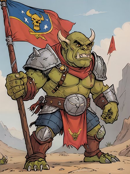 cartoon illustration, dumb looking orcs with tusks  in full armor,  battle flag in background ,   vivid colors, flat colors    <lora:extremely_detailed:-1> <lora:Cartoon_SDXL_V2-fixed:0.8>cartoon <lora:MJ52:0.2>