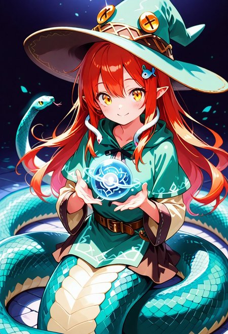 masterpiece, ultra-detailed, best quality, 8K, illustration, absolutely eye-catching,  
1girl, solo, sn4ke, snake girl, lamia,
cute girl,  
BREAK 
cute, teenage, pointed ears, smile, highly detailed beautiful face and eyes, long hair, hair ornament, mage tunic, magic orb, mage hat, holding a brilliant magic orb, snake tail, kawaii, excited, coiled snake body, detailed,