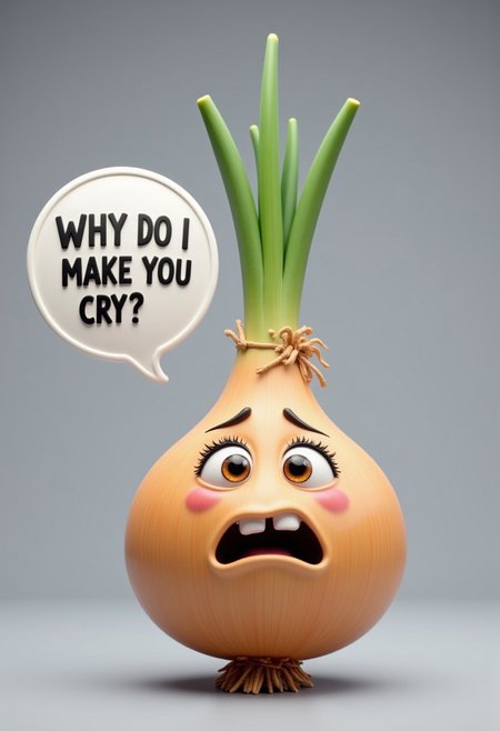 An onion character in a 3D representation Toy Story style, in a speech bubble says the text: "WHY DO I MAKE YOU CRY?",
Gray background, photography studio lighting for a commercial, 
Comic and humorous image full of irony to print on a t-shirt, it should create a smile when seen, so the character's features will tend to be humanized, expressing sadness and anger, to provoke laughter in the viewer
(photorealistic), masterpiece: 1.5, beautiful lighting, best quality, intricate details, all in sharp focus, photography, supreme resolution, 32K, ultra-sharp, extremely shallow depth of field,detailmaximizer, aidmaTextImprover,