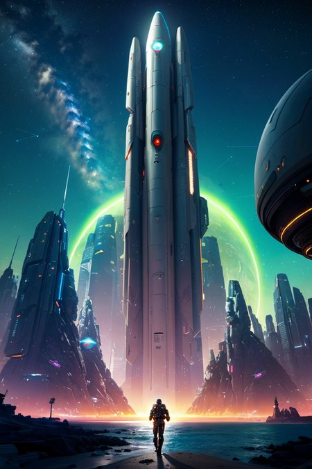 landscape of a futuristic sci-fi city, ultra-realistic, high resolution, city, beach, ocean, war, warfare, missiles, meteor, meteor shower, night, clear sky, constellations, stars, star, sci-fi, spaceships, robots, drones, detailed line art, fine details, trending on artstation, cyberpunk, Bladerunner, neon <lora:FantasyDesert:.2>