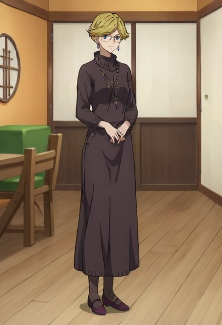 score_9,score_8_up,score_7_up,score_6_up,score_5_up,score_4_up,anime coloring BREAK source_anime,anime,<lora:Mrs._Halevy_Gundam_00_Pony:0.8>,mrshalevy,1girl,solo,blue eyes,blonde hair,short hair,glasses,jewelry,earrings,necklace,brown sweater dress,long dress,pantyhose,smile,standing,indoors,room,looking at viewer,full body,