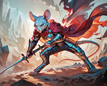 <lora:Concept Art 2 Style LoRA_Pony XL v6:0.6>,
<lora:blade-000013:1>,
score_9_up, score_8_up, score_7_up, score_6_up, furry_source,
very detailed, concept art, realistic, dramatic light,
a (brave) (tiny anthro mouse male knight) in armor with a ((sword)) defends himself from fire-breathing dragon, mouse tail, cloak, blue eyes, whiskers, white fur, erupting volcano on background, dynamic background,
fighting pose, looking away, (from above), (zoom out),
<lora:add-detail-xl:0.5>,
<lora:great_lighting:4>,