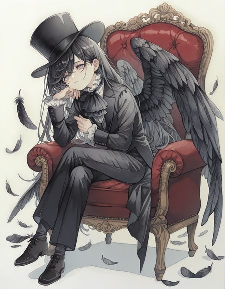 masterpiece,  best quality, newest, highres, absurdres,   <lora:rusetsuksr_style:1>,rusetsuksr_illu,  hat, wings, long hair, solo, traditional media, feathered wings, painting (medium), 1boy, male focus, sitting, feathers, black hair, top hat, black headwear, pants, crossed legs, holding, black wings, long sleeves